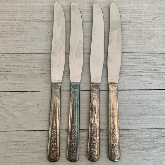 4 Meriden Silverplate Delight Knives Dinner Knife Floral Vintage 50s HTF Set 8.5 - Picture 1 of 10